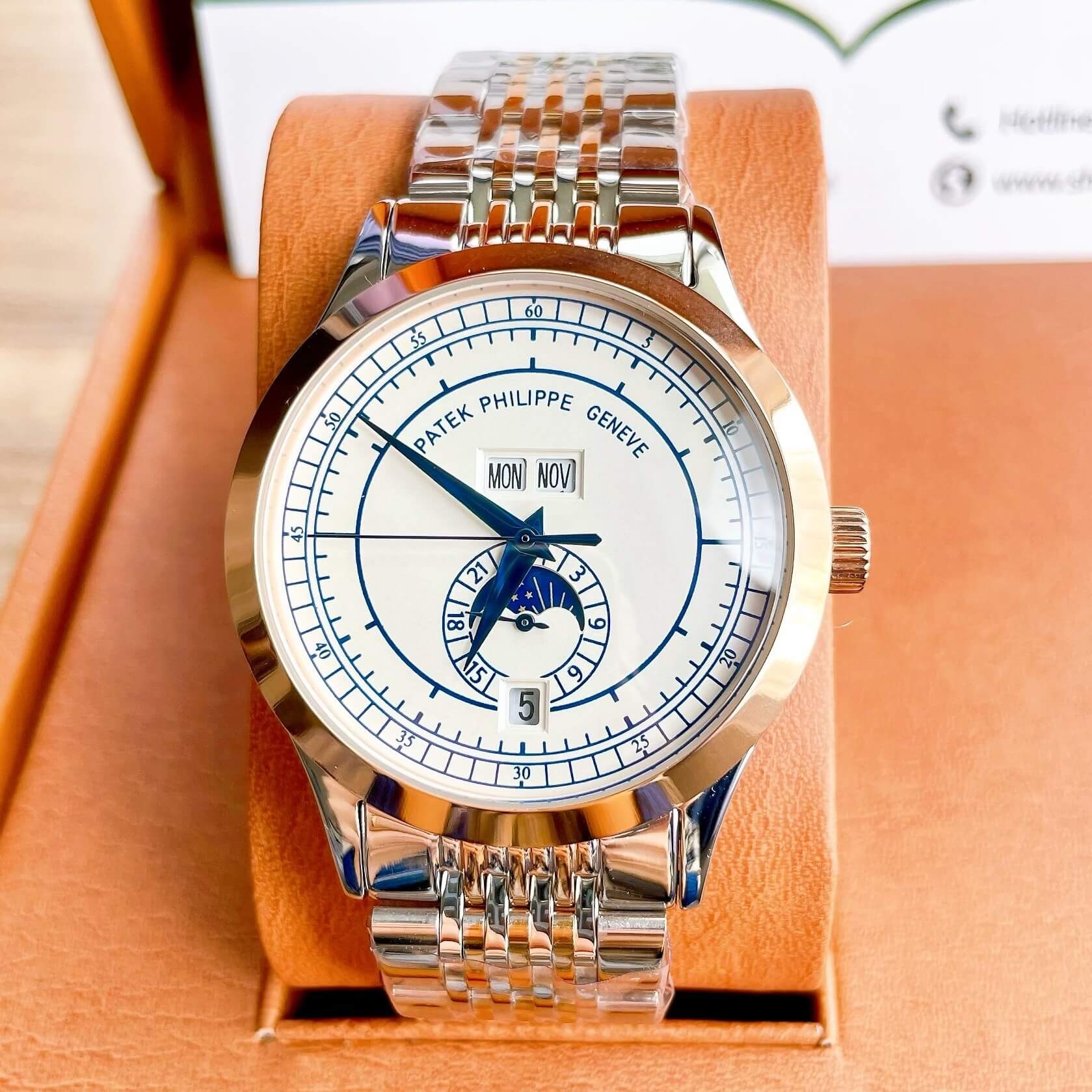 Đồng Hồ Nam Patek Philippe Complications Tự Động Dây Kim Loại Demi Vàng Hồng Mặt Trắng Size 40mm