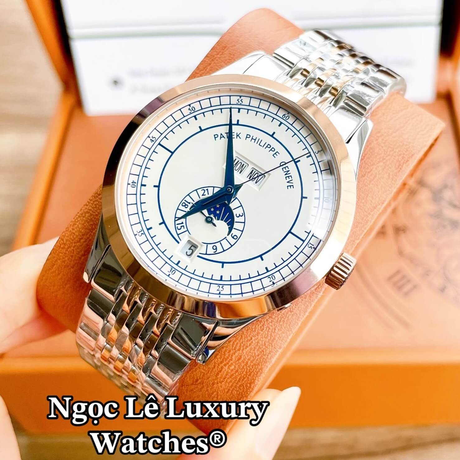 Đồng Hồ Nam Patek Philippe Complications Tự Động Dây Kim Loại Demi Vàng Hồng Mặt Trắng Size 40mm
