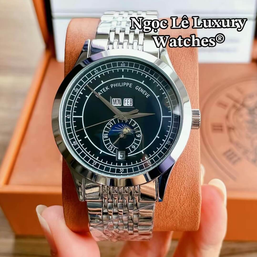 Đồng Hồ Nam Patek Philippe Complications Tự Động Dây Kim Loại Màu Bạc Mặt Đen Size 40mm