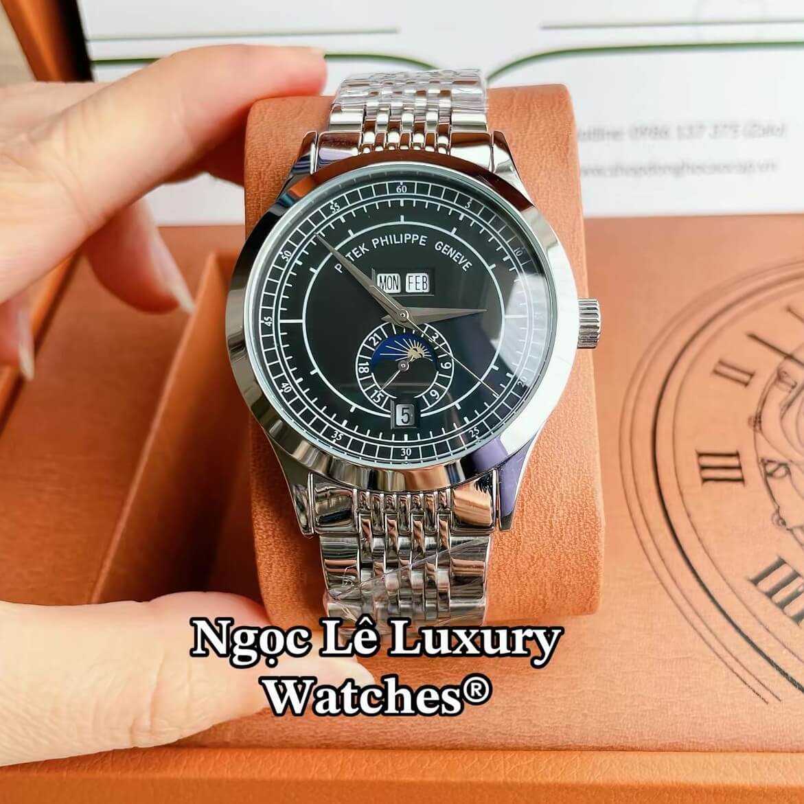 Đồng Hồ Nam Patek Philippe Complications Tự Động Dây Kim Loại Màu Bạc Mặt Đen Size 40mm