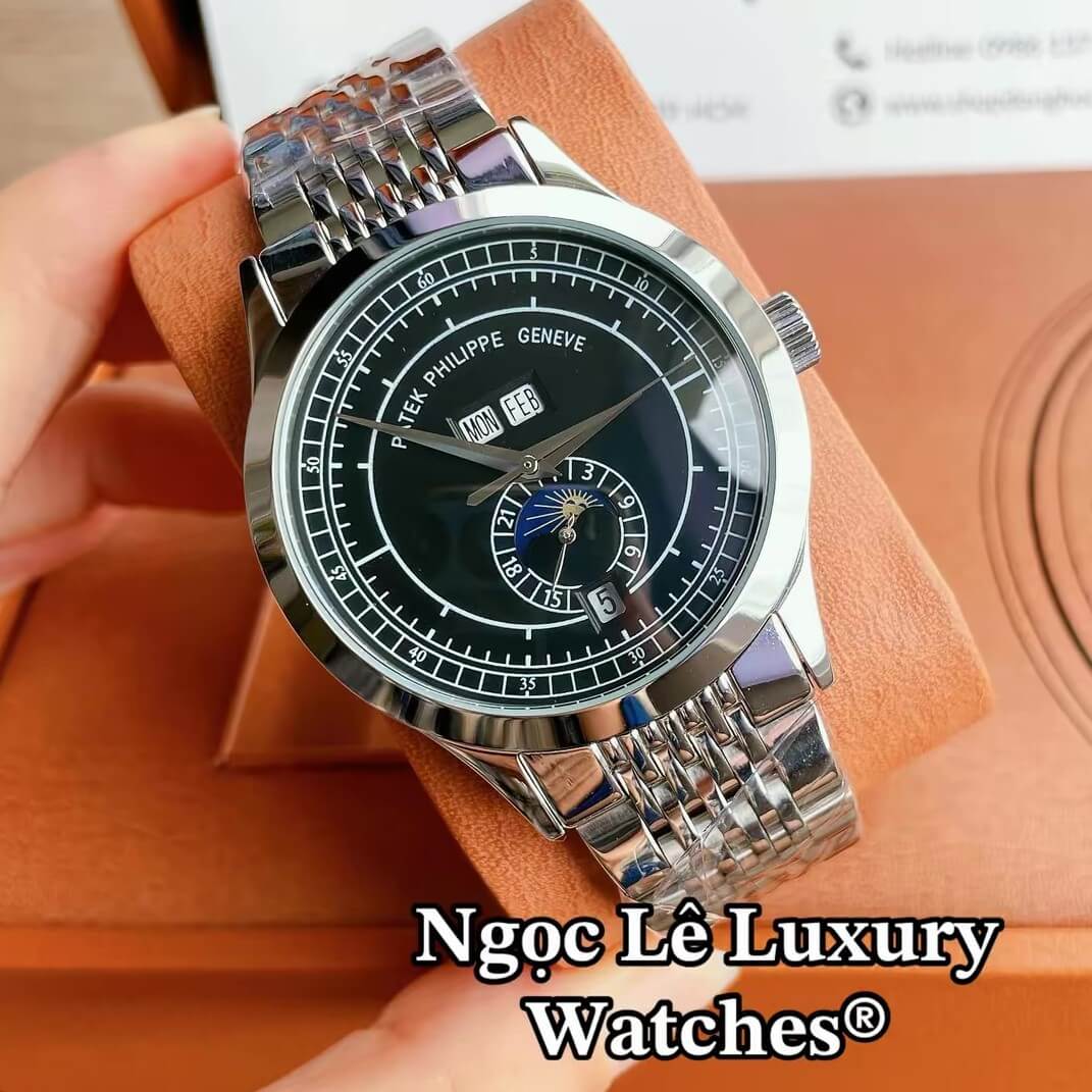 Đồng Hồ Nam Patek Philippe Complications Tự Động Dây Kim Loại Màu Bạc Mặt Đen Size 40mm