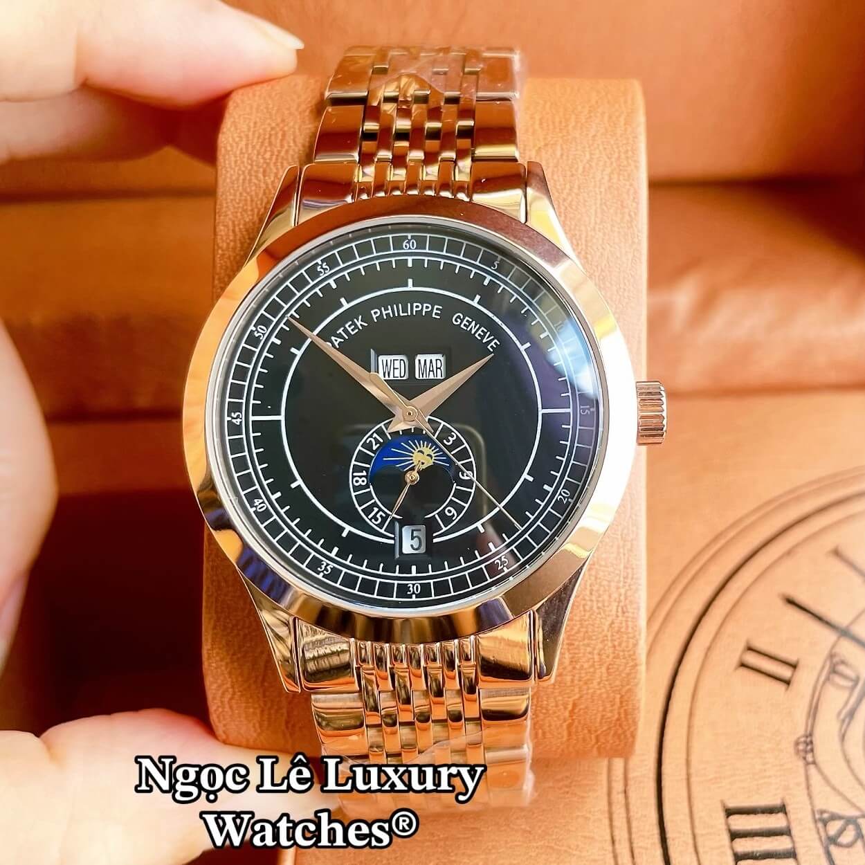 Đồng Hồ Nam Patek Philippe Complications Tự Động Dây Kim Loại Màu Vàng Hồng Mặt Đen Size 40mm