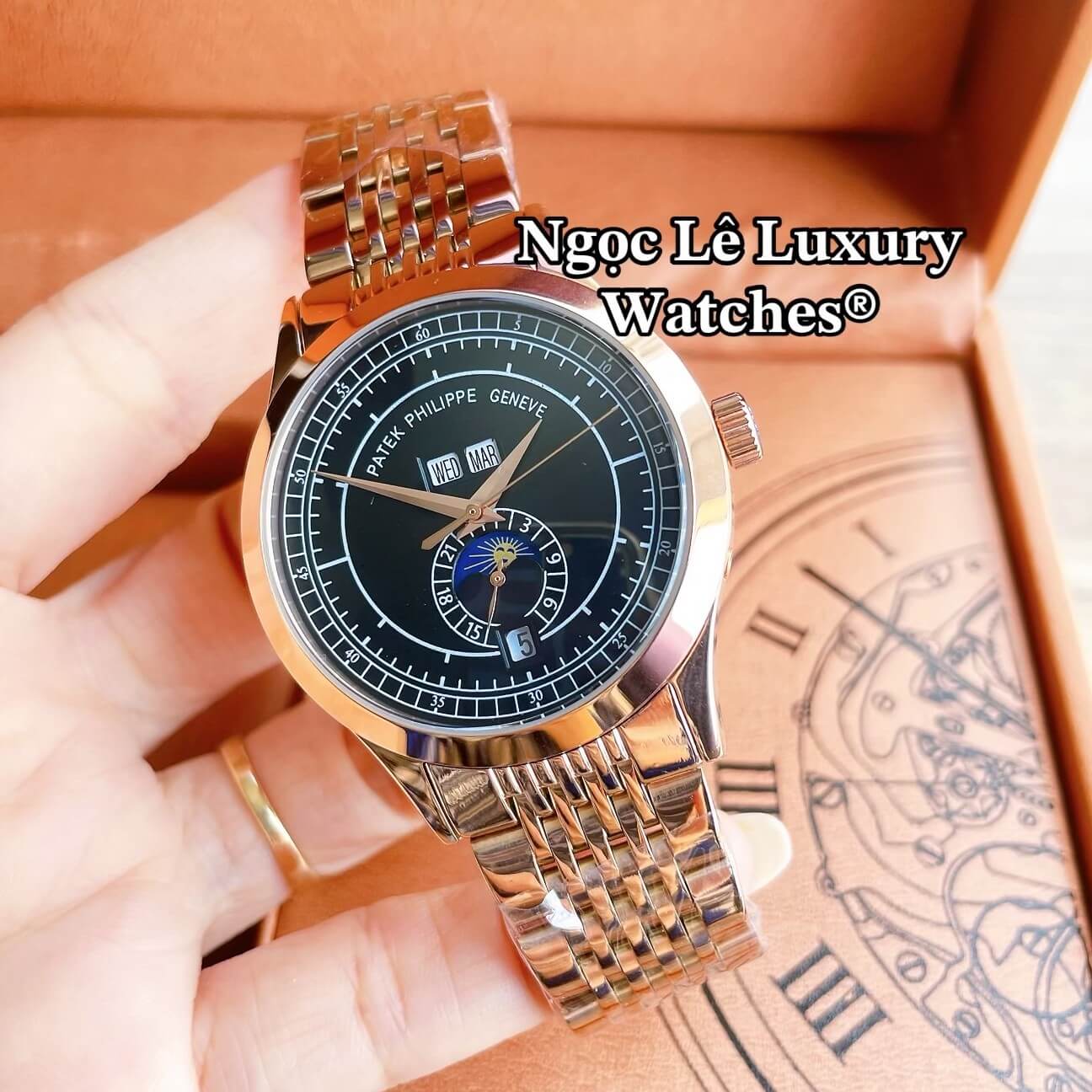 Đồng Hồ Nam Patek Philippe Complications Tự Động Dây Kim Loại Màu Vàng Hồng Mặt Đen Size 40mm