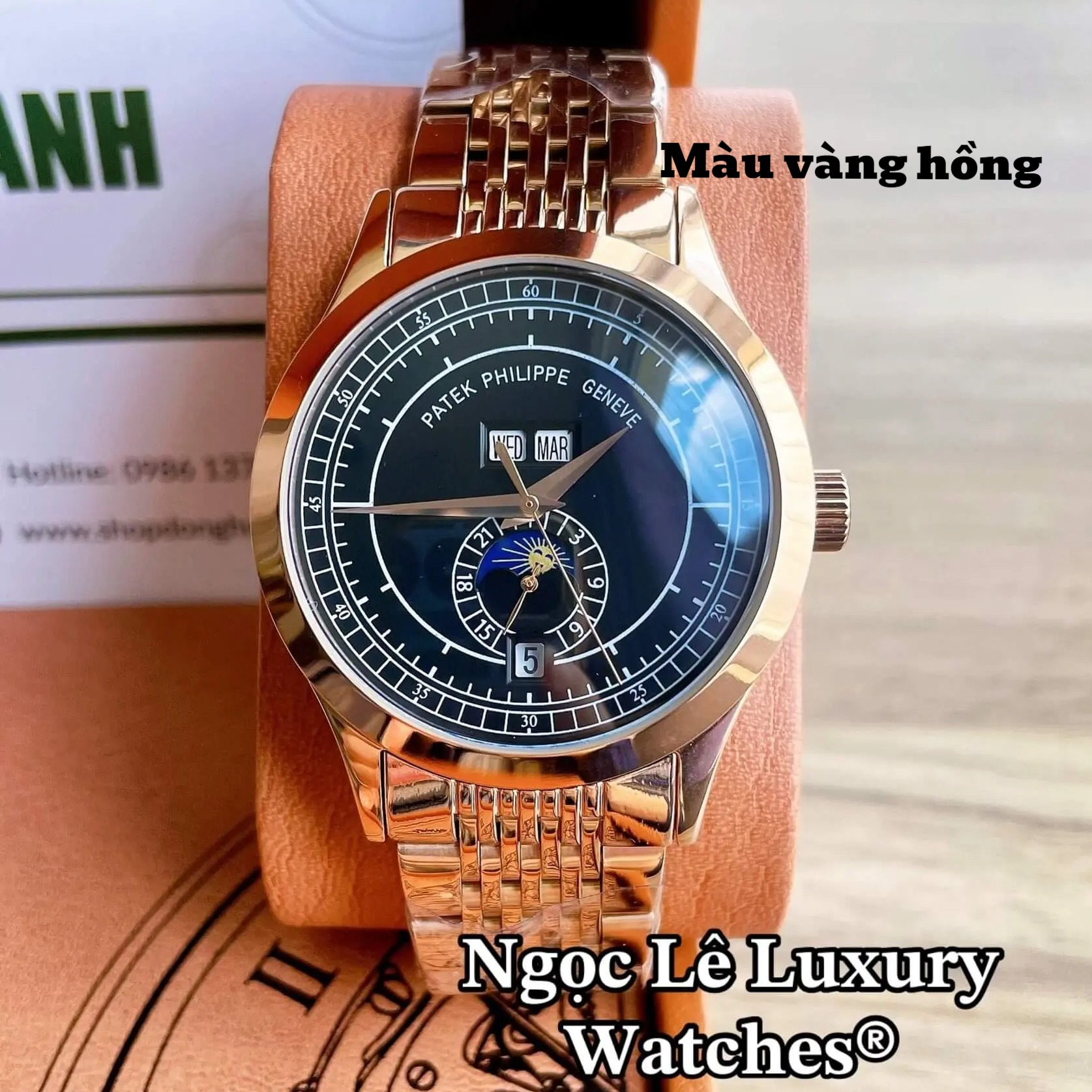 Đồng Hồ Nam Patek Philippe Complications Tự Động Dây Kim Loại Màu Vàng Hồng Mặt Đen Size 40mm
