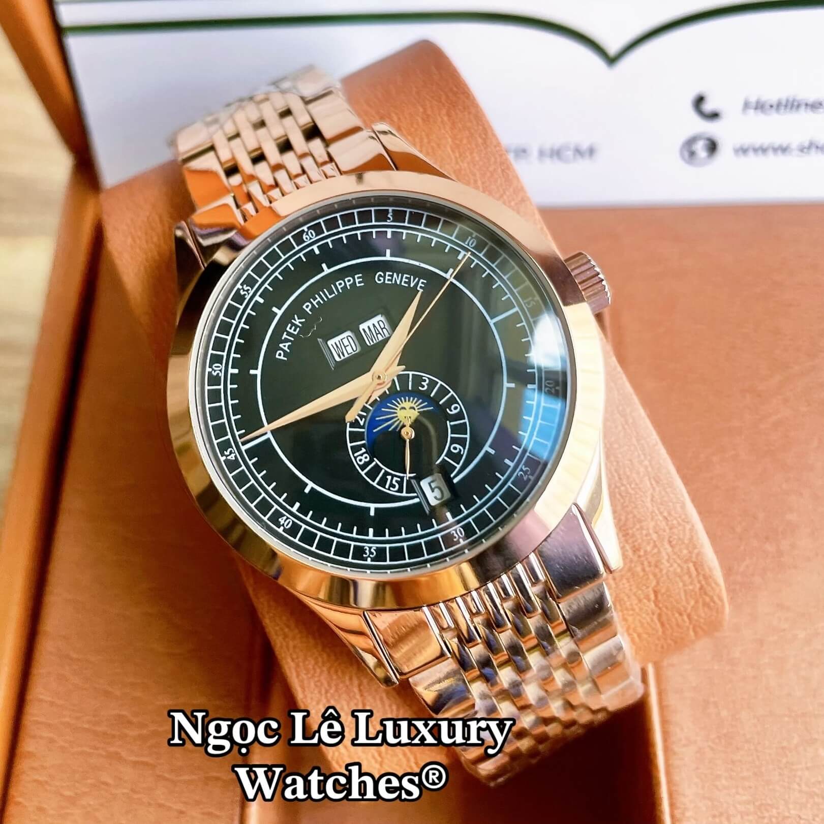 Đồng Hồ Nam Patek Philippe Complications Tự Động Dây Kim Loại Màu Vàng Hồng Mặt Đen Size 40mm