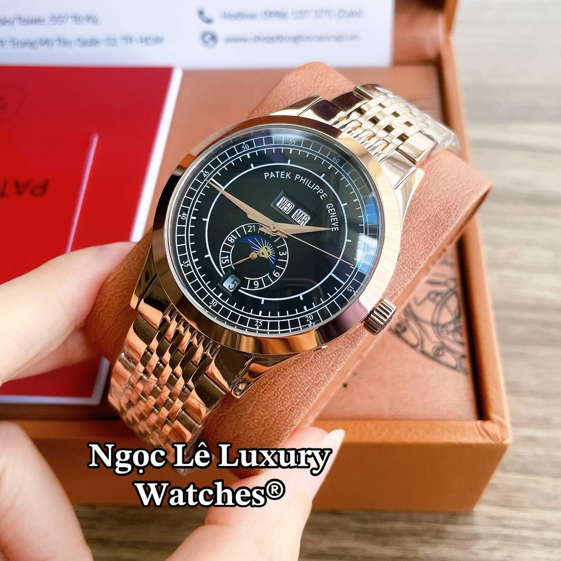 Đồng Hồ Nam Patek Philippe Complications Tự Động Dây Kim Loại Màu Vàng Hồng Mặt Đen Size 40mm