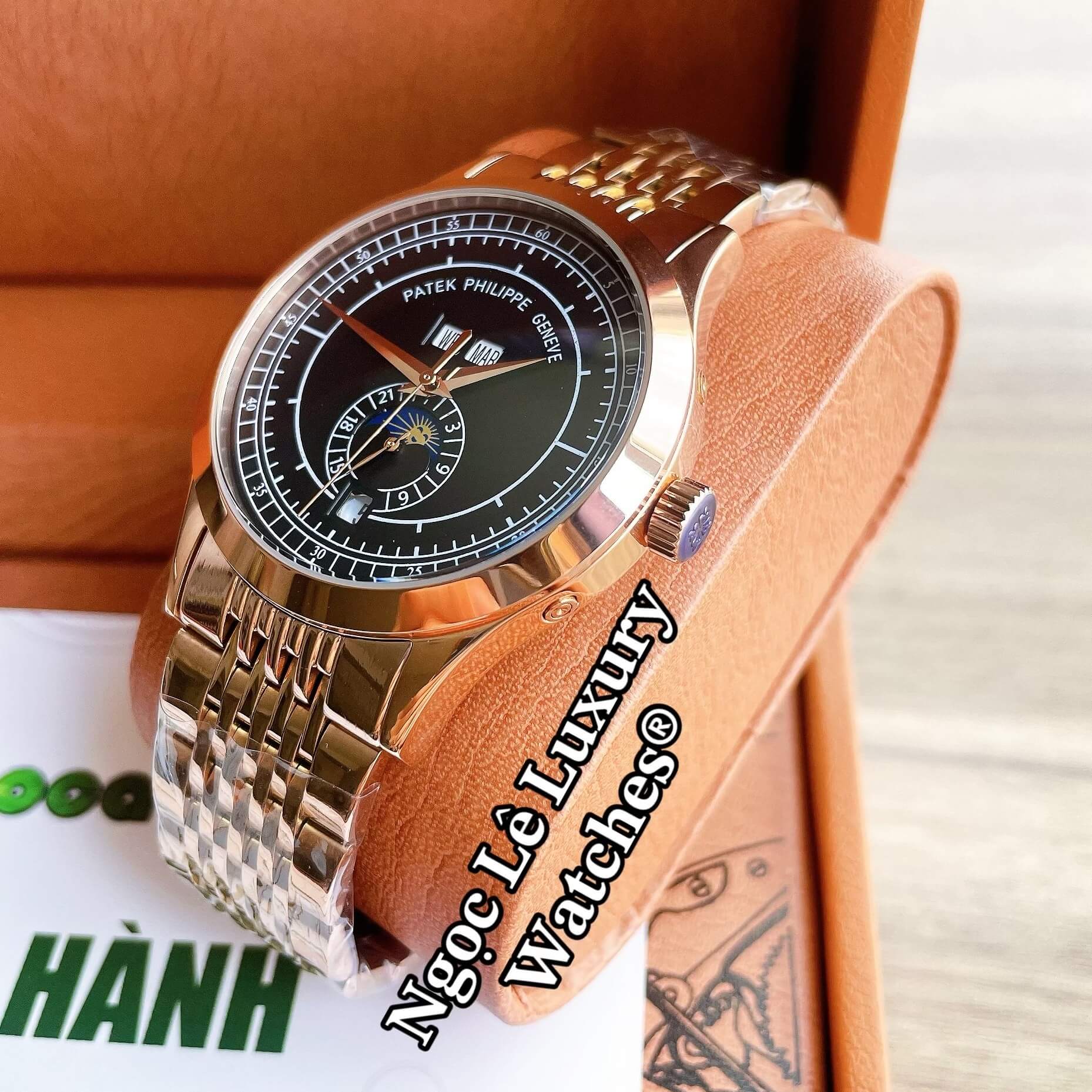 Đồng Hồ Nam Patek Philippe Complications Tự Động Dây Kim Loại Màu Vàng Hồng Mặt Đen Size 40mm