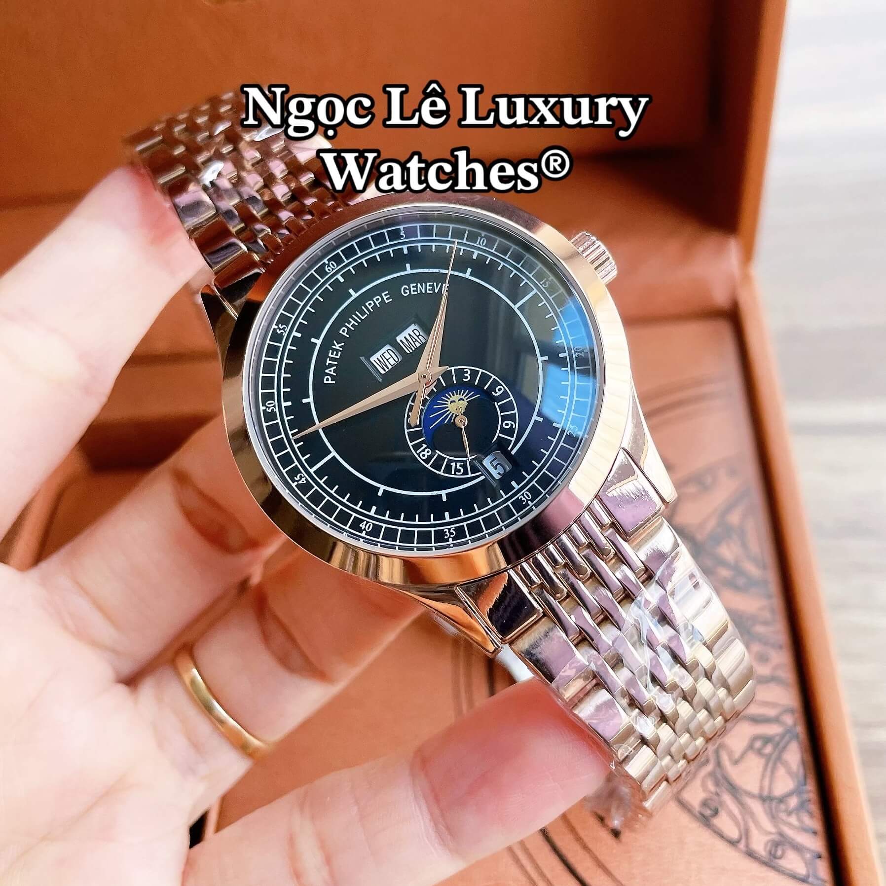 Đồng Hồ Nam Patek Philippe Complications Tự Động Dây Kim Loại Màu Vàng Hồng Mặt Đen Size 40mm