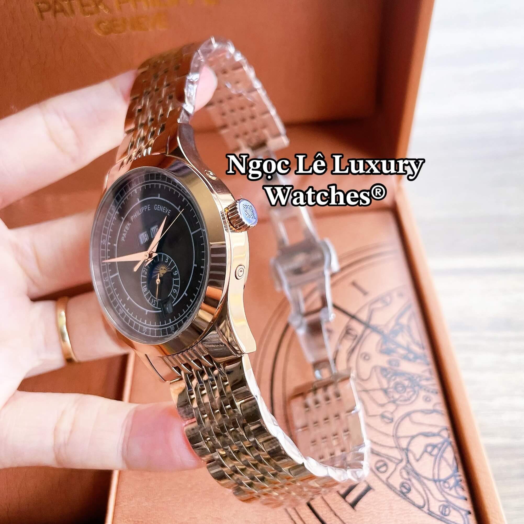 Đồng Hồ Nam Patek Philippe Complications Tự Động Dây Kim Loại Màu Vàng Hồng Mặt Đen Size 40mm