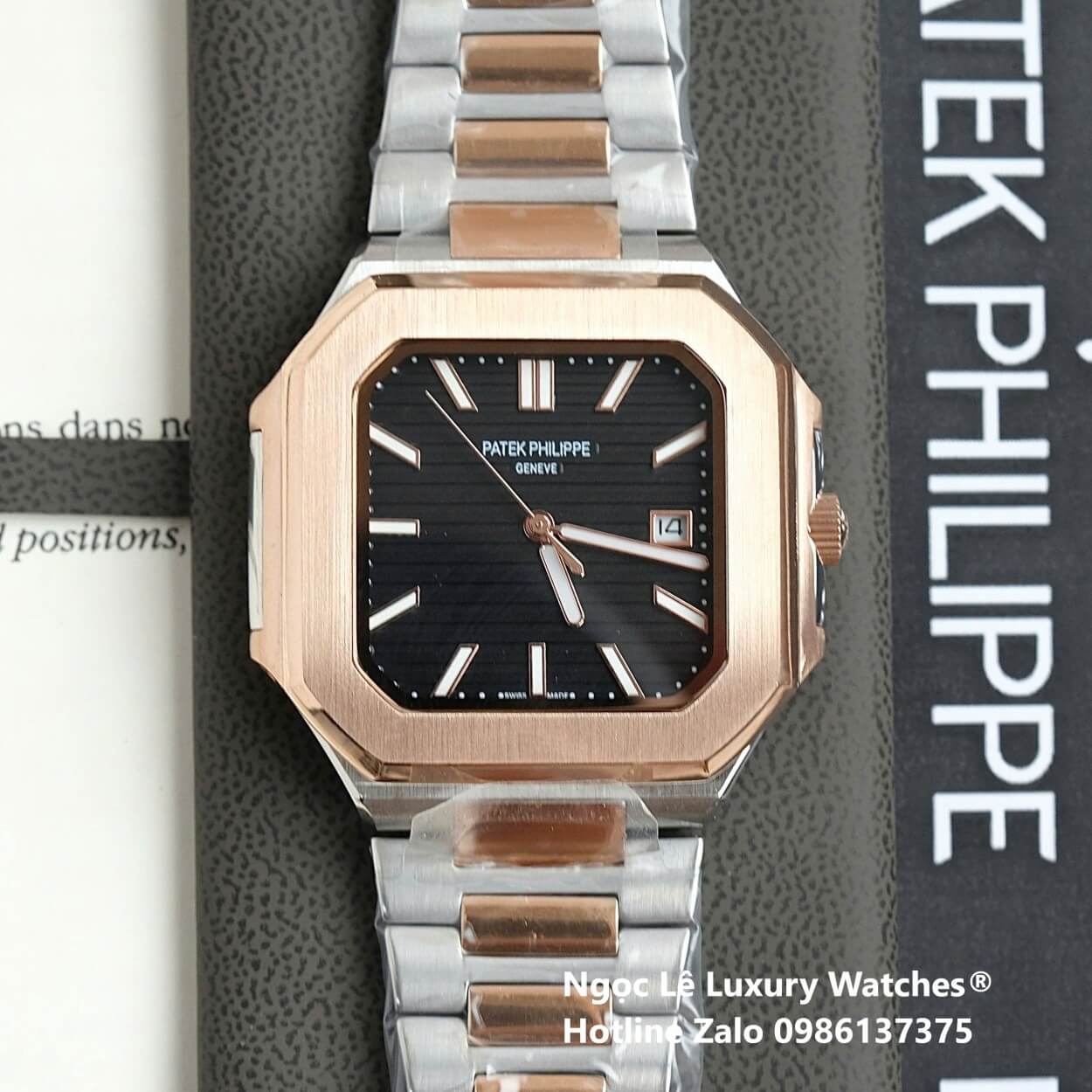 Đồng Hồ Nam Patek Philippe Cubitus Automatic Dây Demi Vàng Hồng Mặt Đen Size 40mm