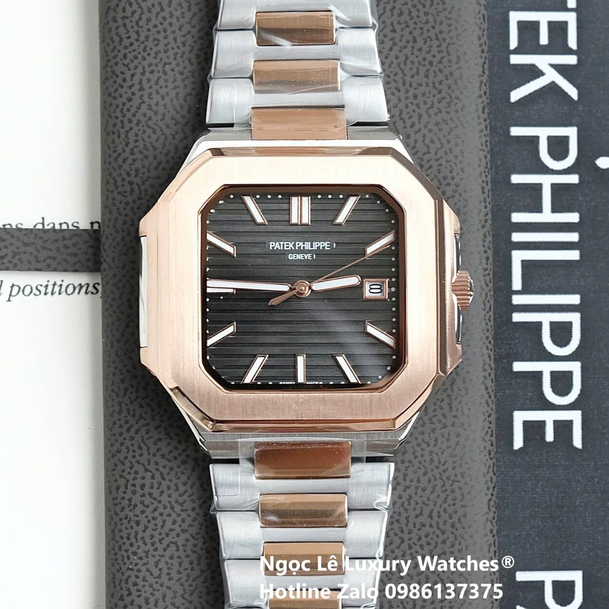 Đồng Hồ Nam Patek Philippe Cubitus Automatic Dây Demi Vàng Hồng Mặt Đen Xám Size 40mm
