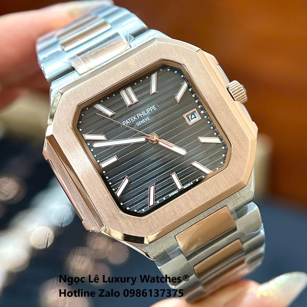 Đồng Hồ Nam Patek Philippe Cubitus Automatic Dây Demi Vàng Hồng Mặt Đen Xám Size 40mm