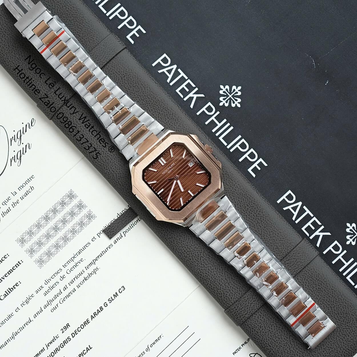 Đồng Hồ Nam Patek Philippe Cubitus Automatic Dây Demi Vàng Hồng Mặt Nâu Size 40mm