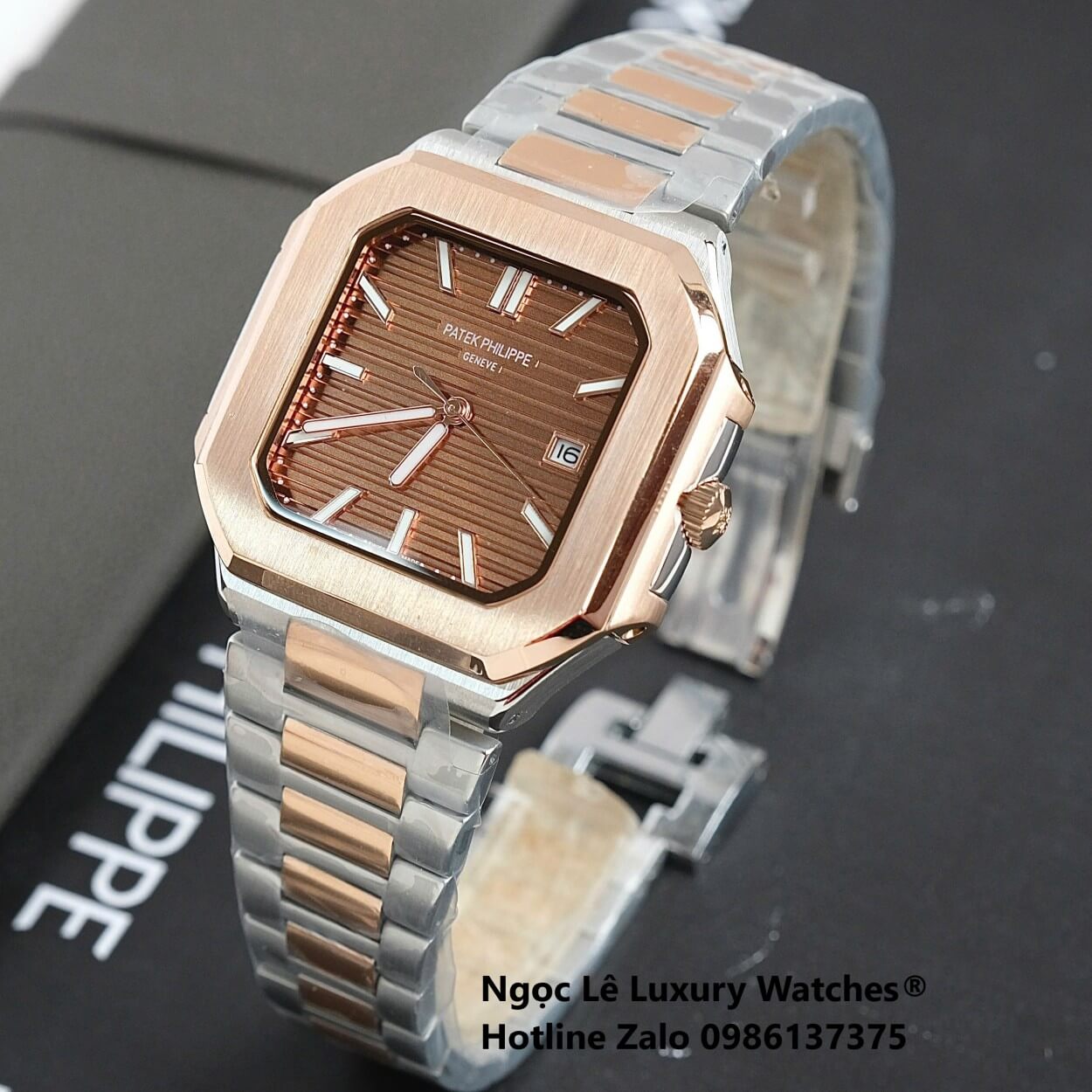 Đồng Hồ Nam Patek Philippe Cubitus Automatic Dây Demi Vàng Hồng Mặt Nâu Size 40mm