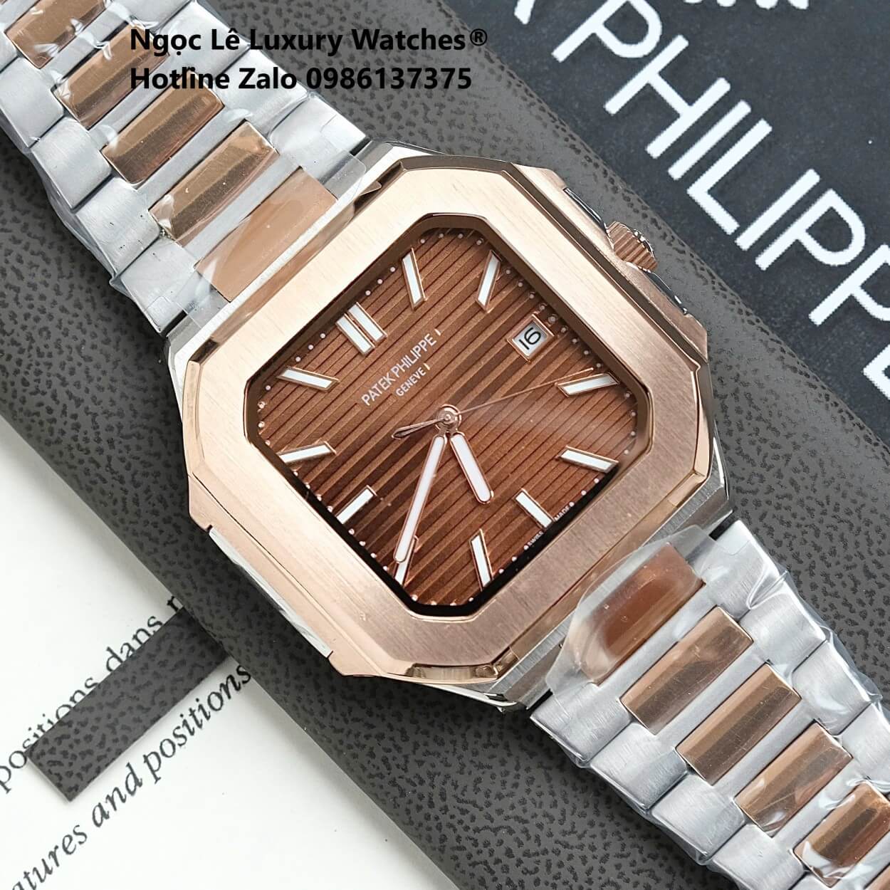 Đồng Hồ Nam Patek Philippe Cubitus Automatic Dây Demi Vàng Hồng Mặt Nâu Size 40mm