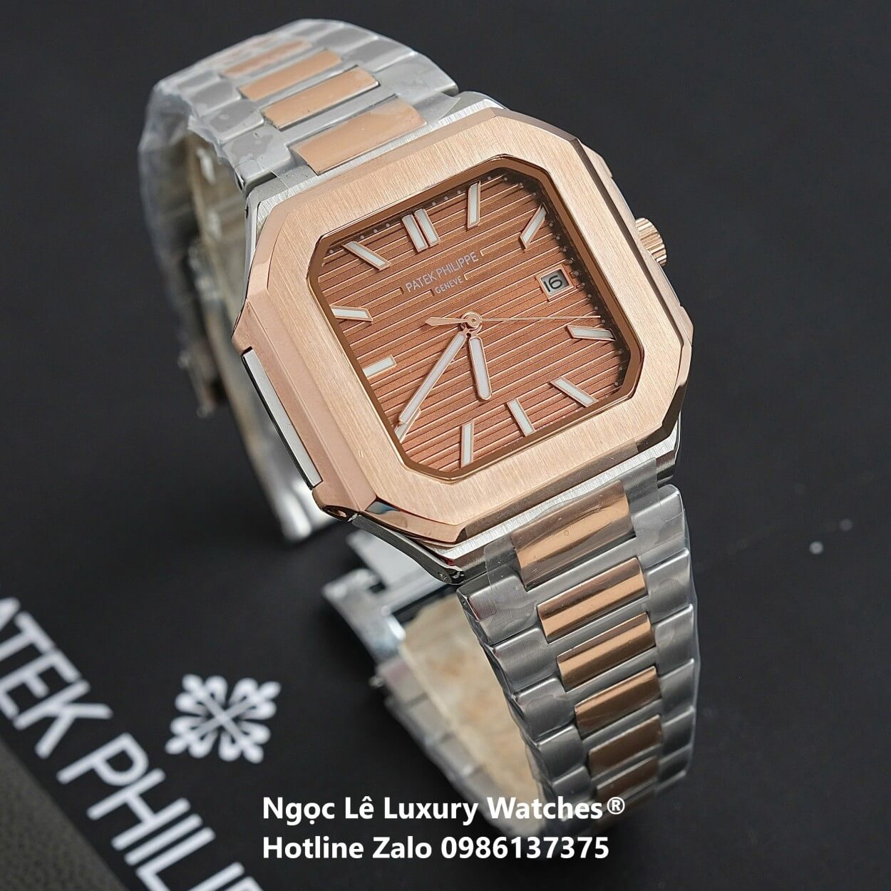 Đồng Hồ Nam Patek Philippe Cubitus Automatic Dây Demi Vàng Hồng Mặt Nâu Size 40mm