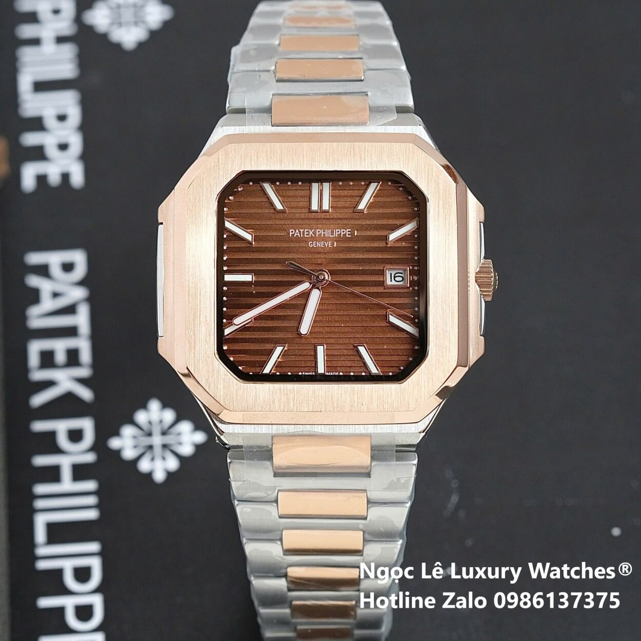 Đồng Hồ Nam Patek Philippe Cubitus Automatic Dây Demi Vàng Hồng Mặt Nâu Size 40mm