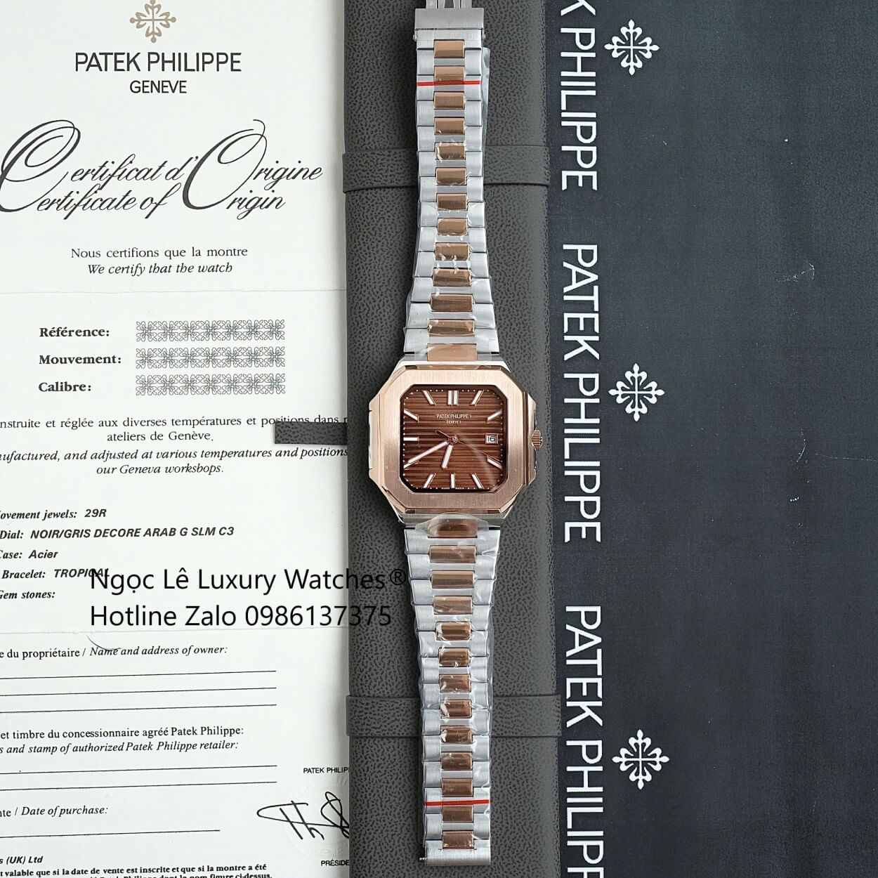 Đồng Hồ Nam Patek Philippe Cubitus Automatic Dây Demi Vàng Hồng Mặt Nâu Size 40mm