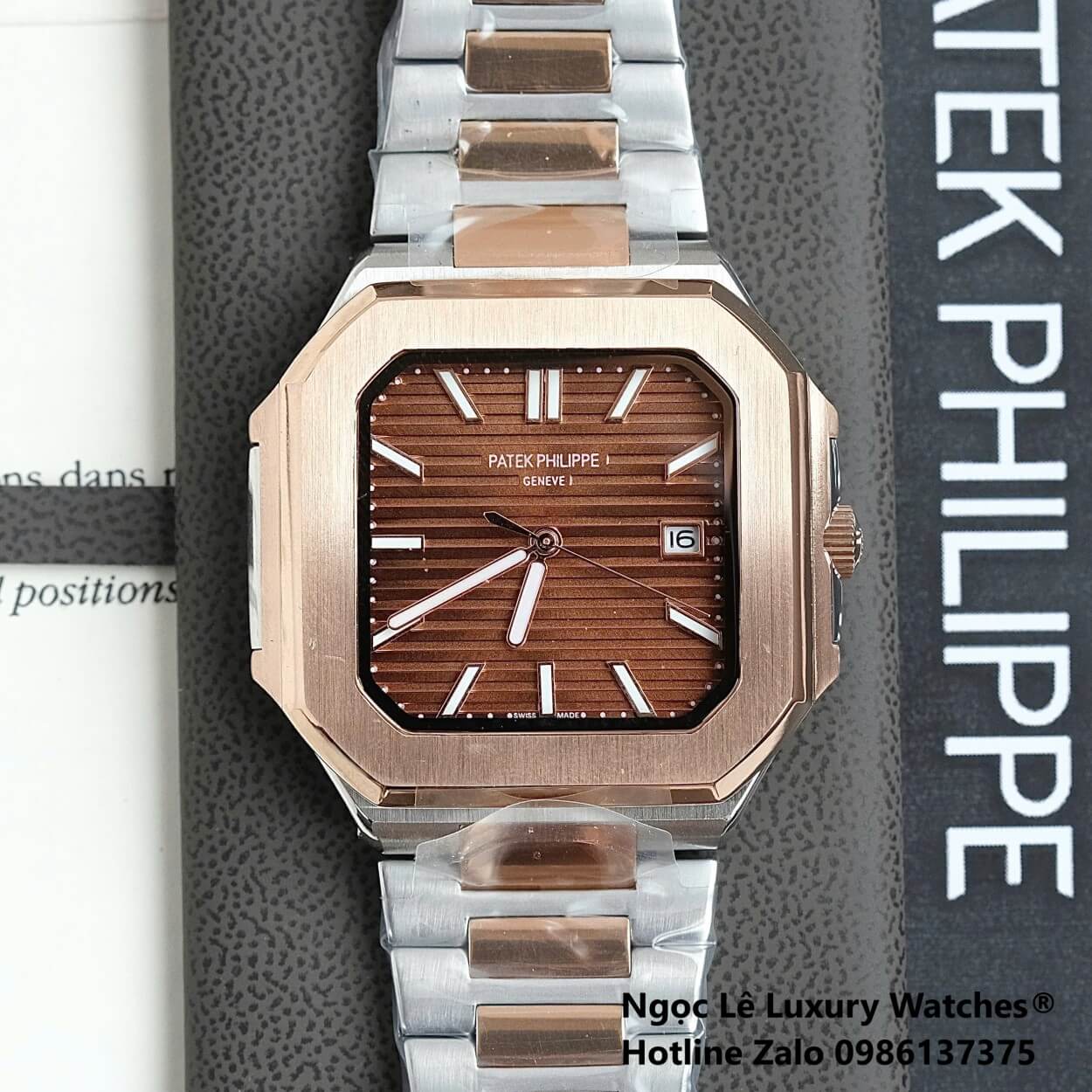 Đồng Hồ Nam Patek Philippe Cubitus Automatic Dây Demi Vàng Hồng Mặt Nâu Size 40mm