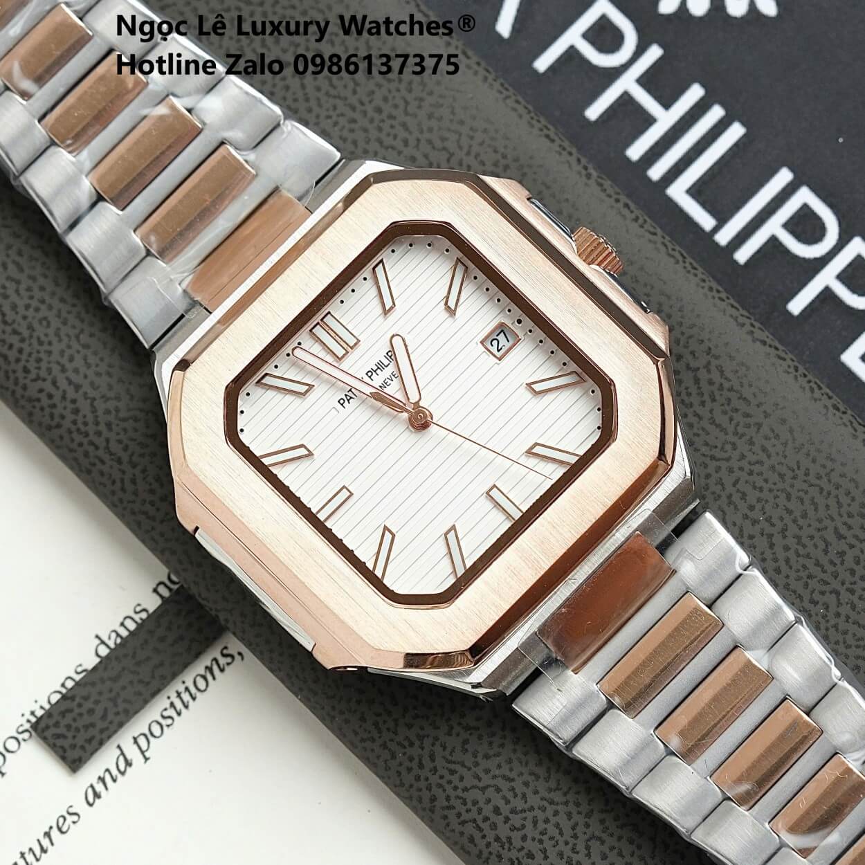 Đồng Hồ Nam Patek Philippe Cubitus Automatic Dây Demi Vàng Hồng Mặt Trắng Size 40mm