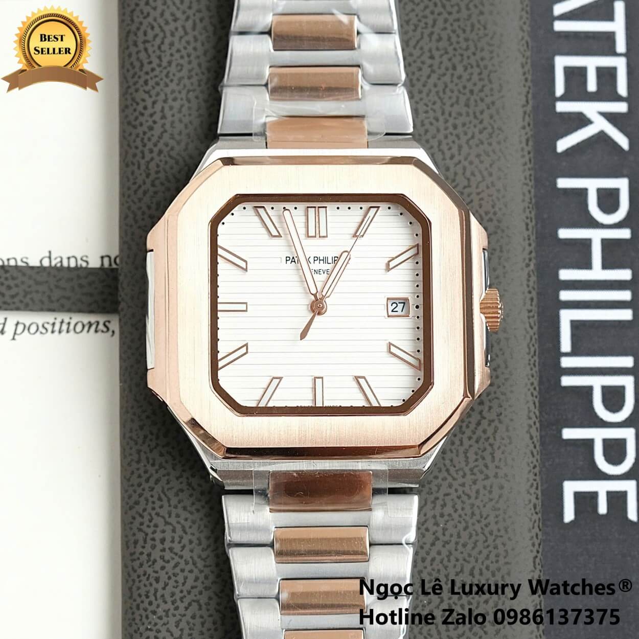 Đồng Hồ Nam Patek Philippe Cubitus Automatic Dây Demi Vàng Hồng Mặt Trắng Size 40mm
