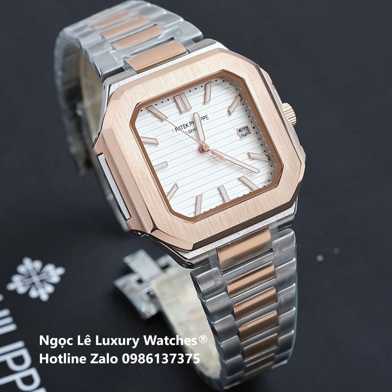 Đồng Hồ Nam Patek Philippe Cubitus Automatic Dây Demi Vàng Hồng Mặt Trắng Size 40mm