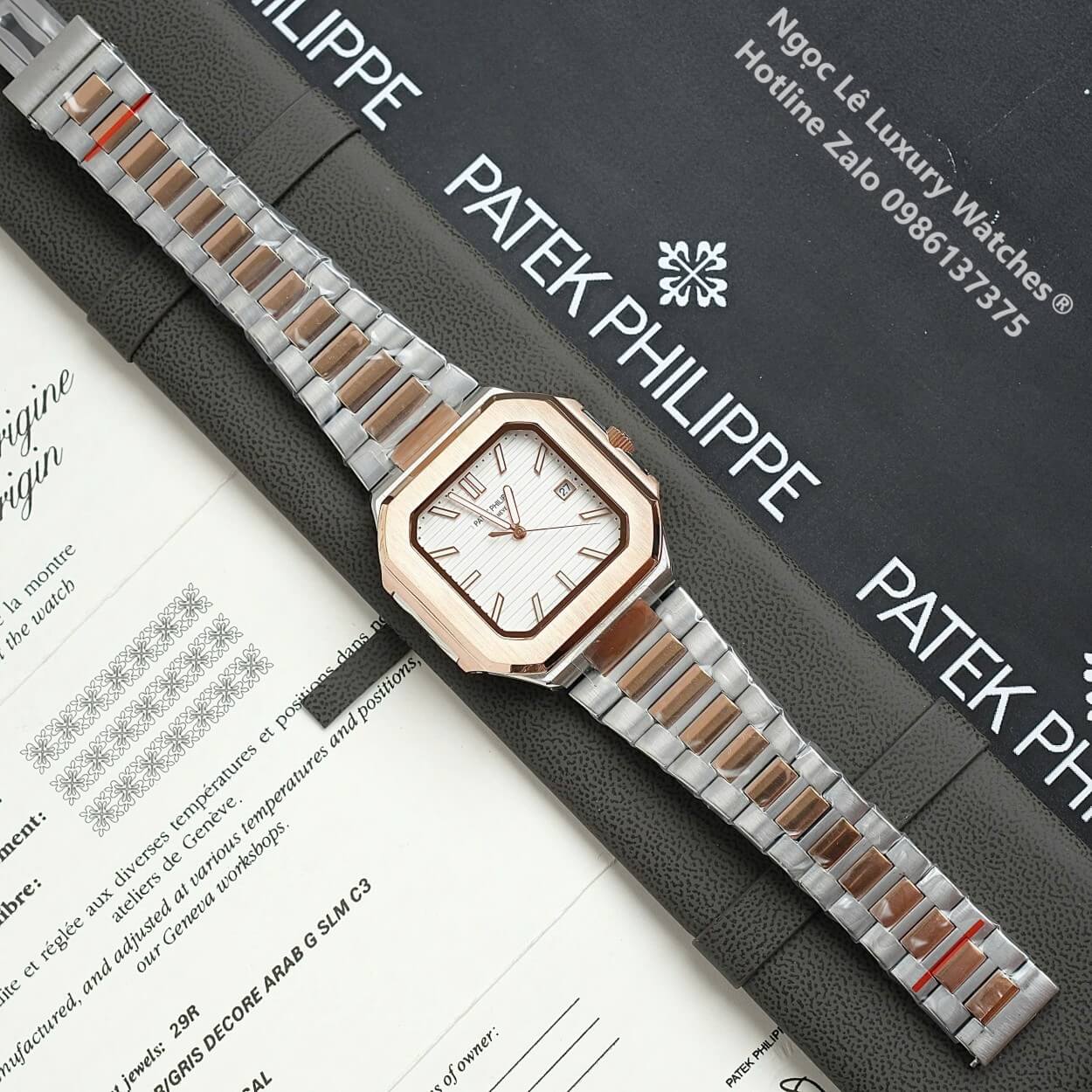 Đồng Hồ Nam Patek Philippe Cubitus Automatic Dây Demi Vàng Hồng Mặt Trắng Size 40mm