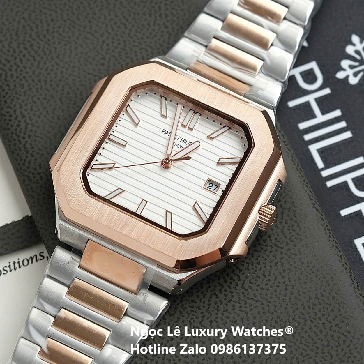 Đồng Hồ Nam Patek Philippe Cubitus Automatic Dây Demi Vàng Hồng Mặt Trắng Size 40mm