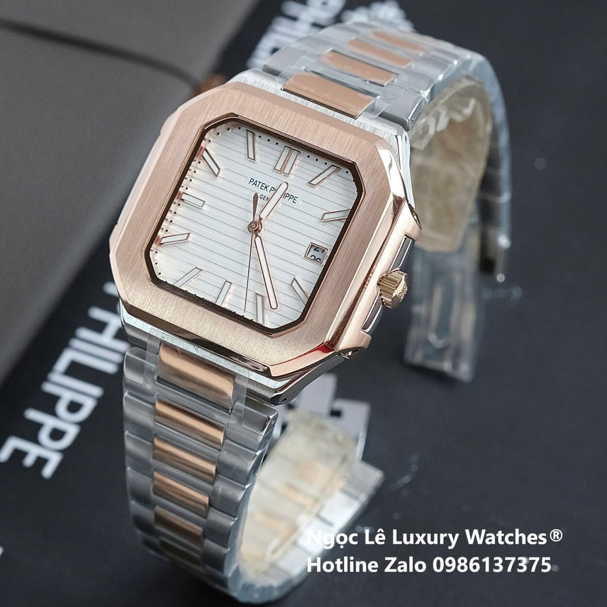 Đồng Hồ Nam Patek Philippe Cubitus Automatic Dây Demi Vàng Hồng Mặt Trắng Size 40mm