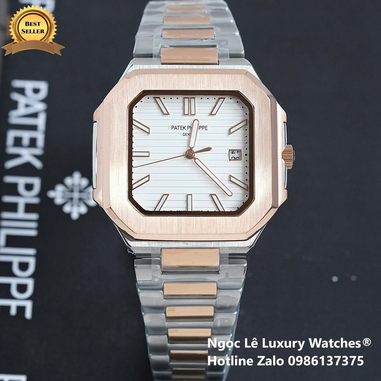 Đồng Hồ Nam Patek Philippe Cubitus Automatic Dây Demi Vàng Hồng Mặt Trắng Size 40mm