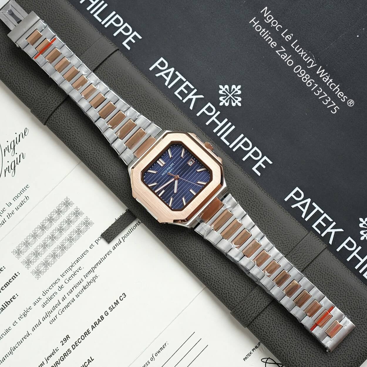 Đồng Hồ Nam Patek Philippe Cubitus Automatic Dây Demi Vàng Hồng Mặt Xanh Dương Size 40mm