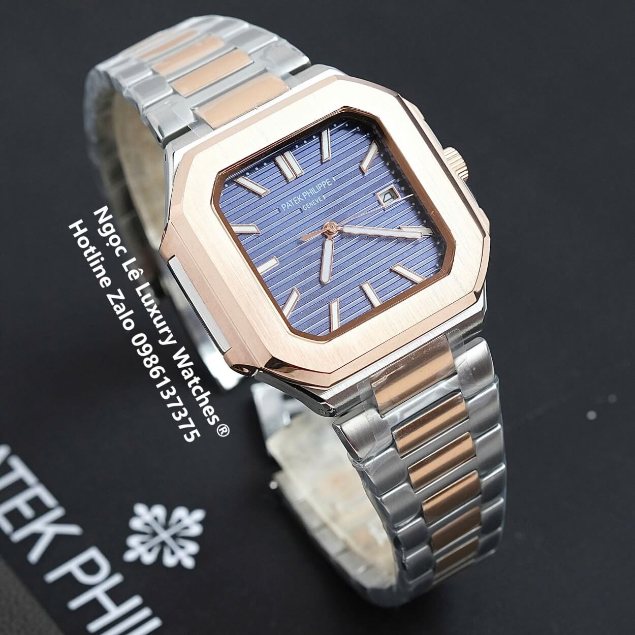 Đồng Hồ Nam Patek Philippe Cubitus Automatic Dây Demi Vàng Hồng Mặt Xanh Dương Size 40mm