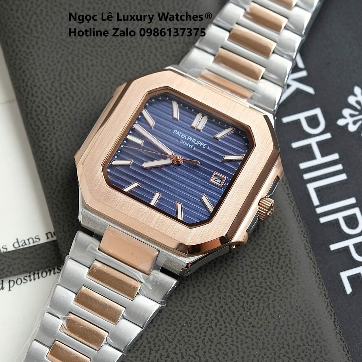 Đồng Hồ Nam Patek Philippe Cubitus Automatic Dây Demi Vàng Hồng Mặt Xanh Dương Size 40mm