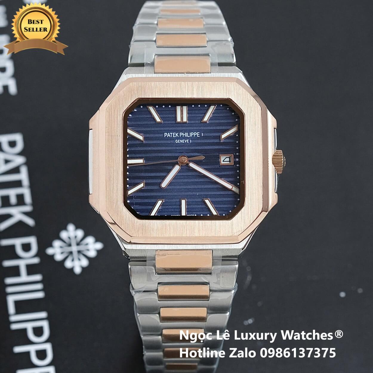 Đồng Hồ Nam Patek Philippe Cubitus Automatic Dây Demi Vàng Hồng Mặt Xanh Dương Size 40mm