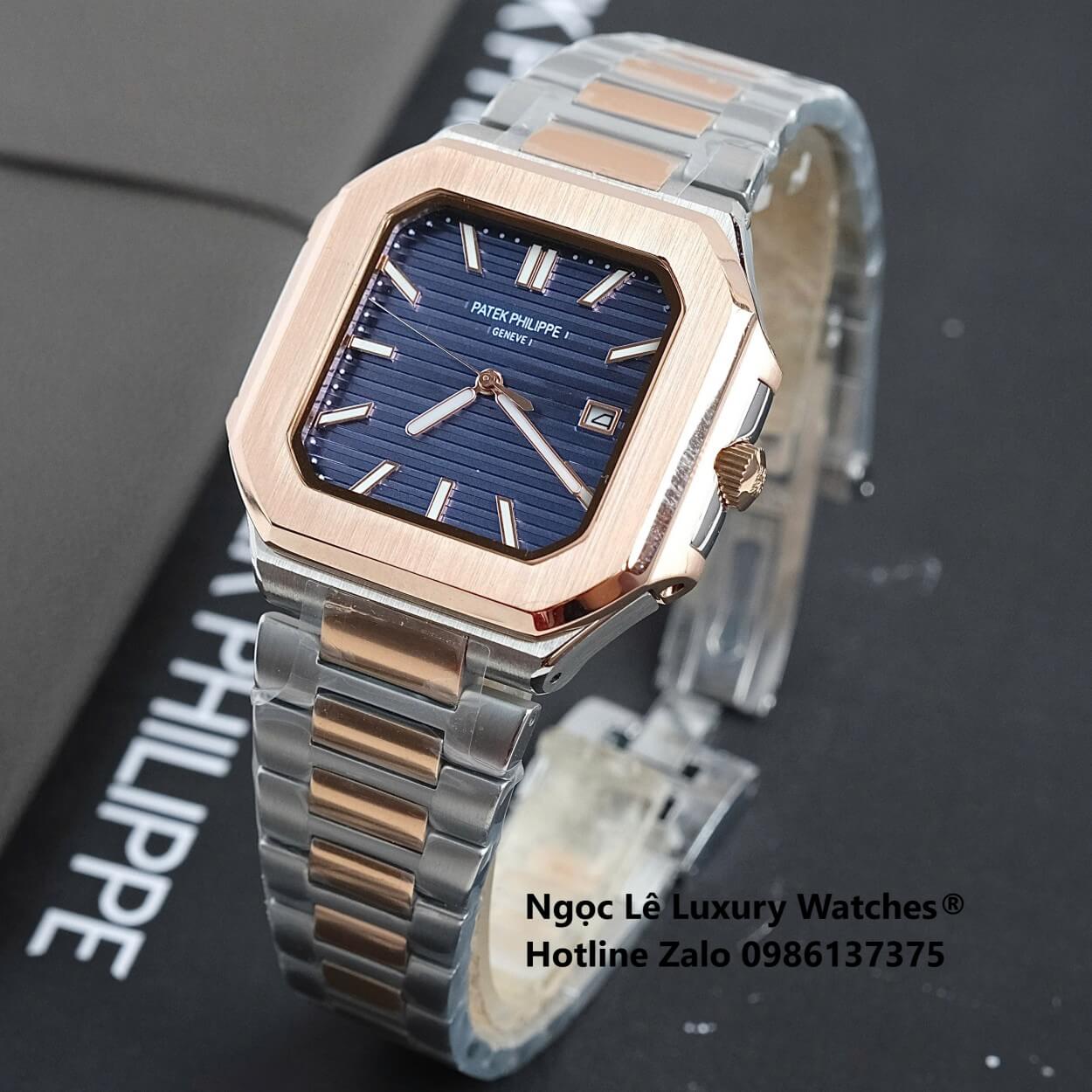 Đồng Hồ Nam Patek Philippe Cubitus Automatic Dây Demi Vàng Hồng Mặt Xanh Dương Size 40mm
