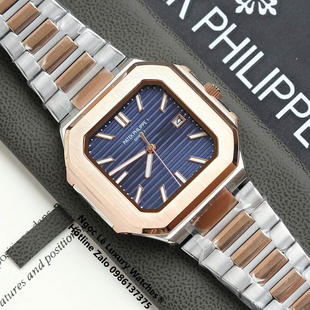 Đồng Hồ Nam Patek Philippe Cubitus Automatic Dây Demi Vàng Hồng Mặt Xanh Dương Size 40mm
