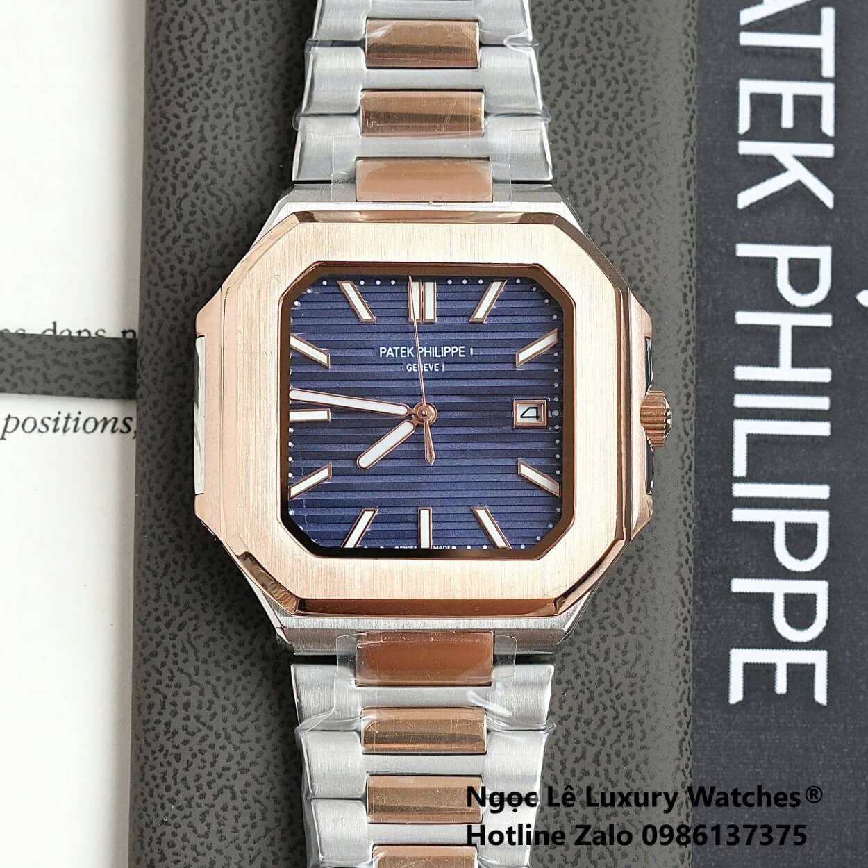 Đồng Hồ Nam Patek Philippe Cubitus Automatic Dây Demi Vàng Hồng Mặt Xanh Dương Size 40mm
