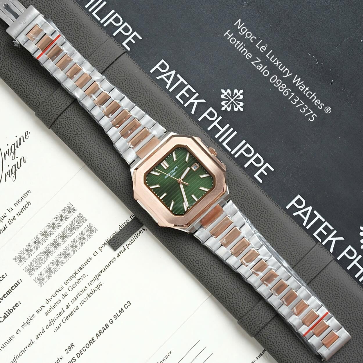 Đồng Hồ Nam Patek Philippe Cubitus Automatic Dây Demi Vàng Hồng Mặt Xanh Lá Size 40mm