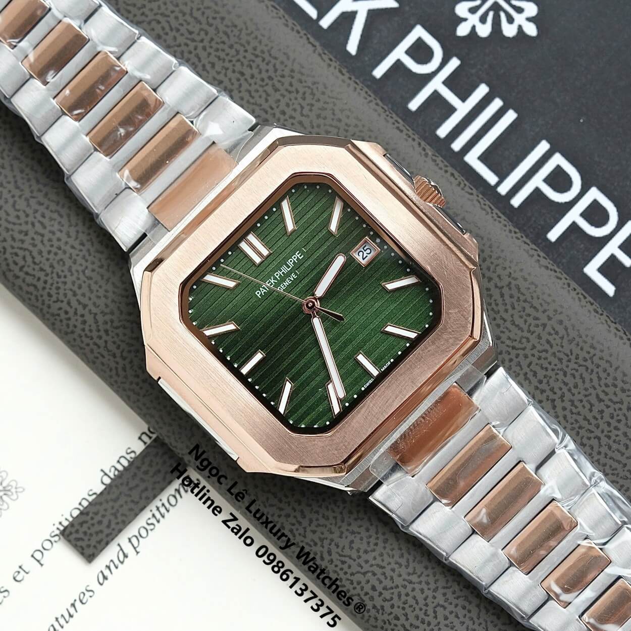 Đồng Hồ Nam Patek Philippe Cubitus Automatic Dây Demi Vàng Hồng Mặt Xanh Lá Size 40mm