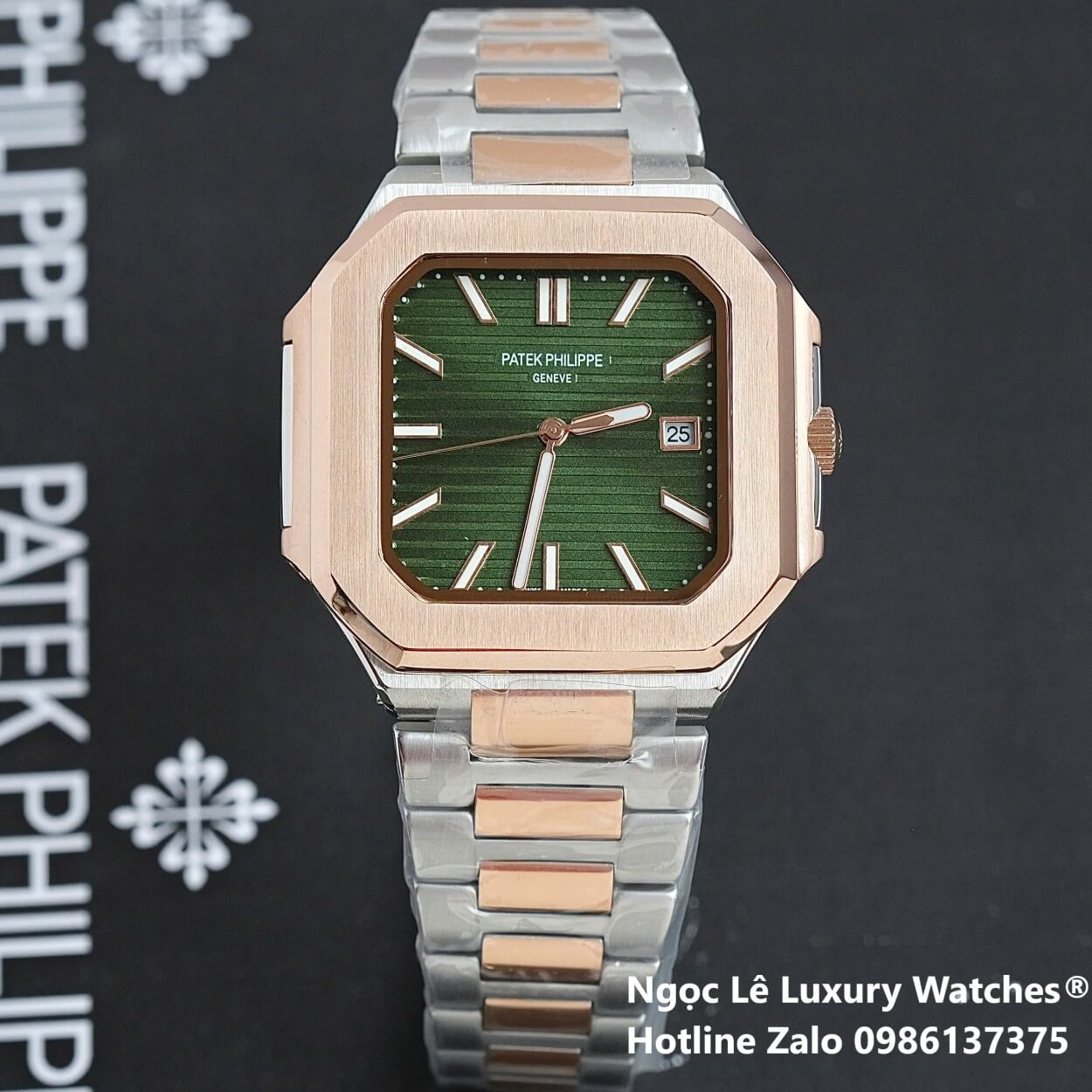 Đồng Hồ Nam Patek Philippe Cubitus Automatic Dây Demi Vàng Hồng Mặt Xanh Lá Size 40mm