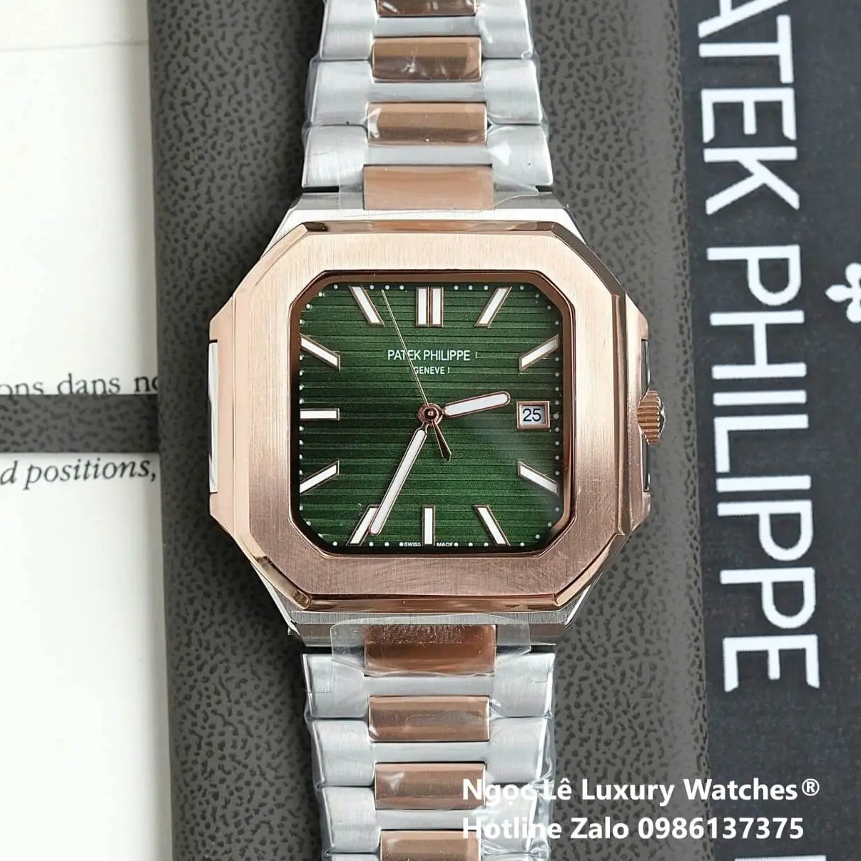 Đồng Hồ Nam Patek Philippe Cubitus Automatic Dây Demi Vàng Hồng Mặt Xanh Lá Size 40mm