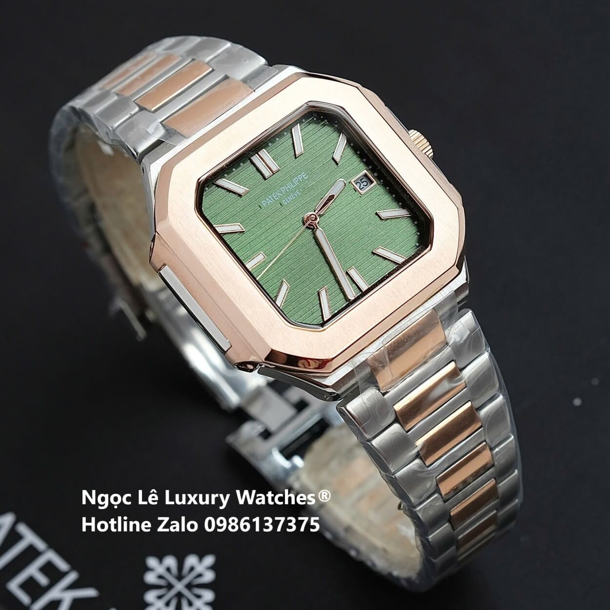 Đồng Hồ Nam Patek Philippe Cubitus Automatic Dây Demi Vàng Hồng Mặt Xanh Lá Size 40mm