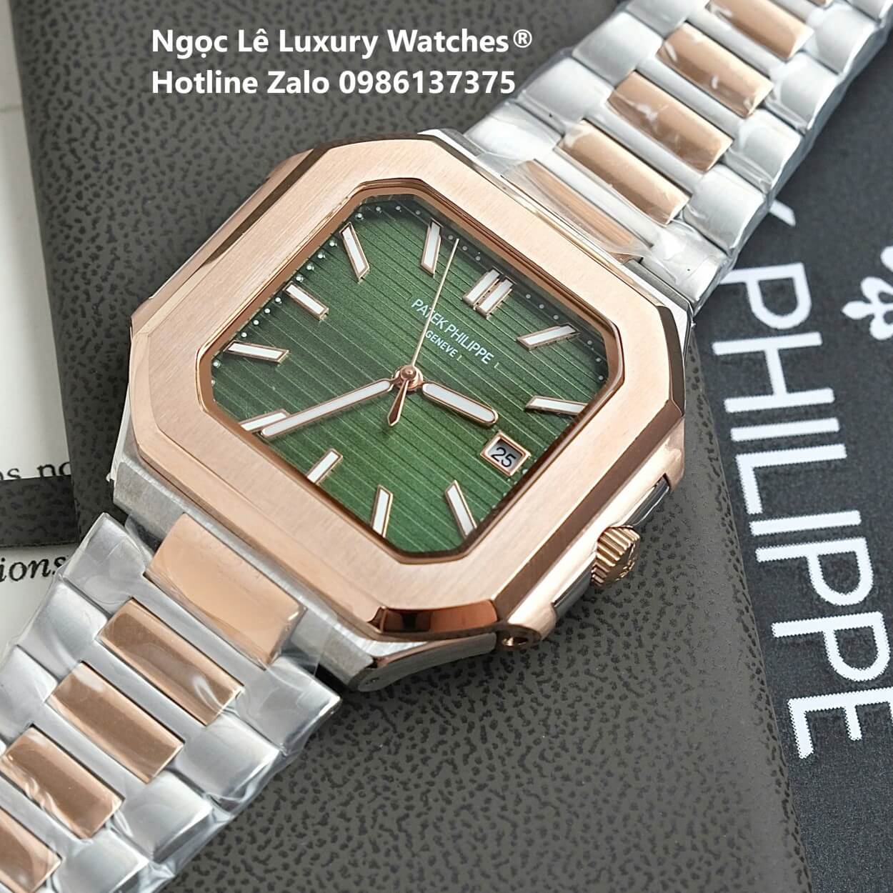 Đồng Hồ Nam Patek Philippe Cubitus Automatic Dây Demi Vàng Hồng Mặt Xanh Lá Size 40mm