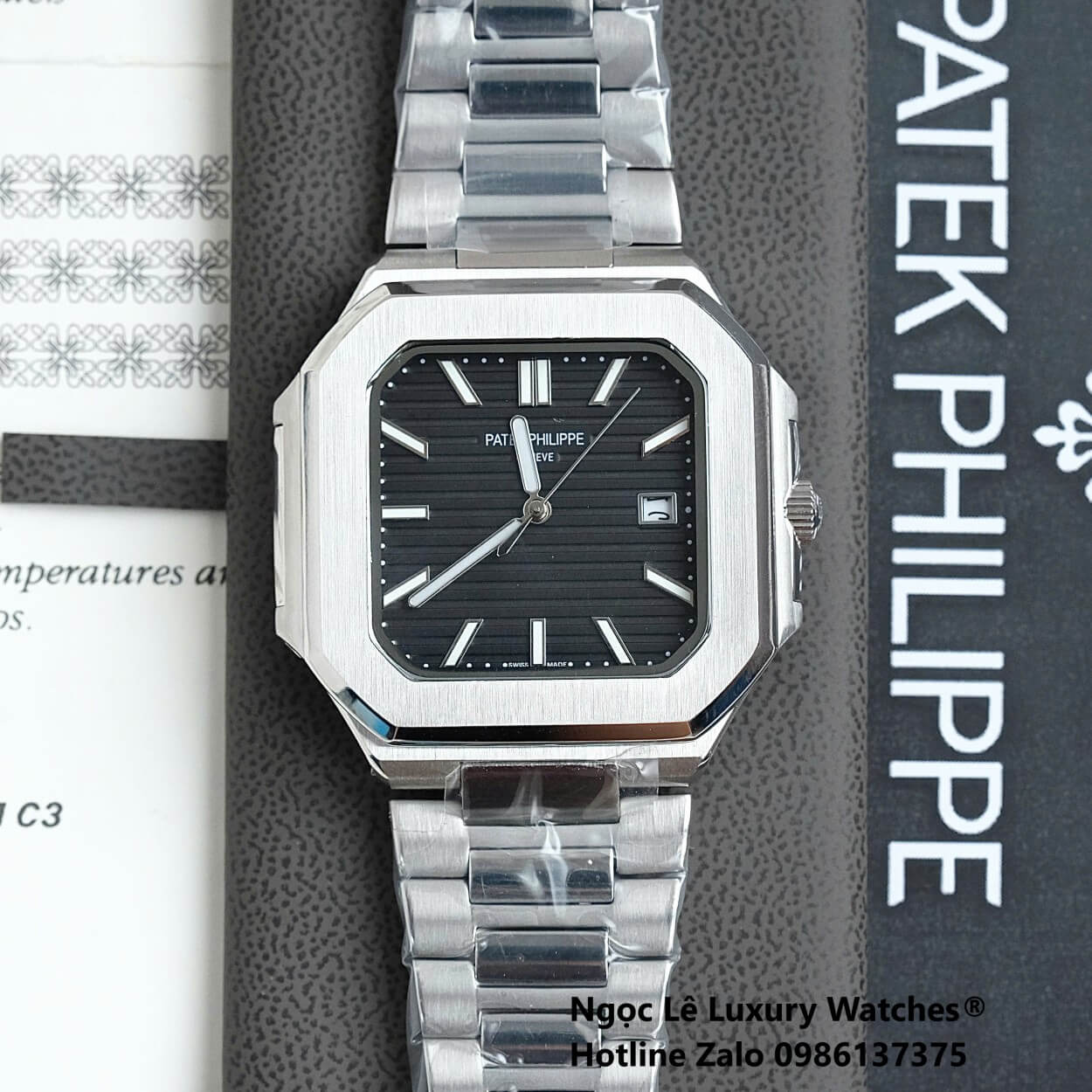 Đồng Hồ Nam Patek Philippe Cubitus Automatic Dây Thép Silver Mặt Đen Size 40mm
