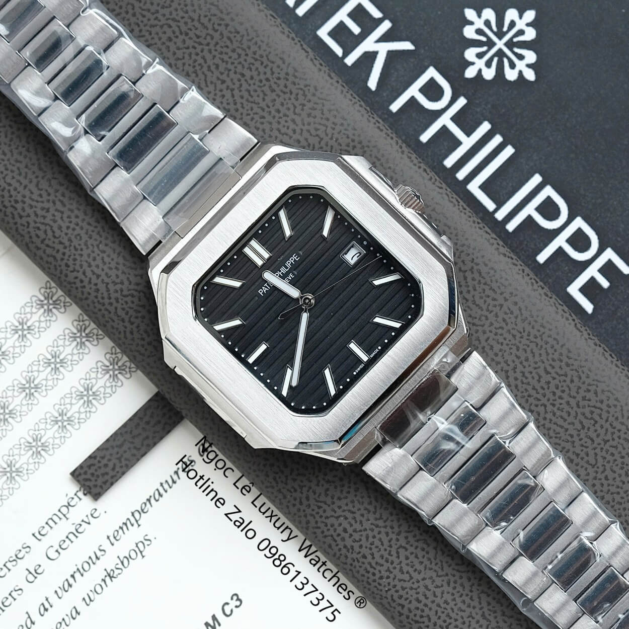 Đồng Hồ Nam Patek Philippe Cubitus Automatic Dây Thép Silver Mặt Đen Size 40mm