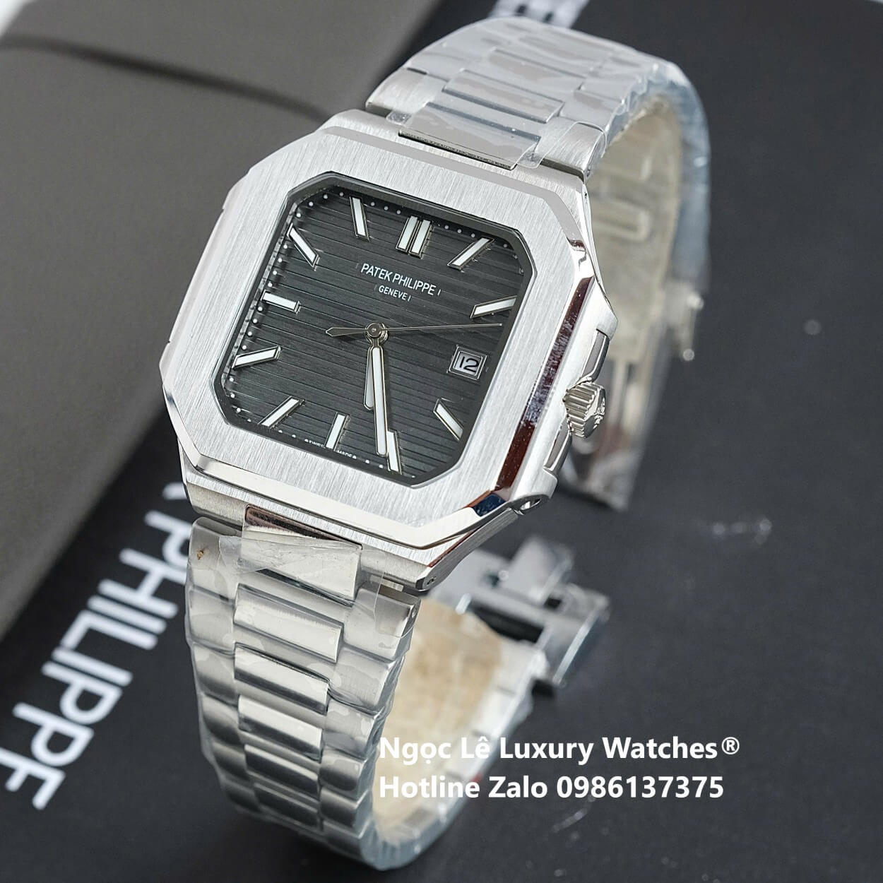 Đồng Hồ Nam Patek Philippe Cubitus Automatic Dây Thép Silver Mặt Đen Xám Size 40mm