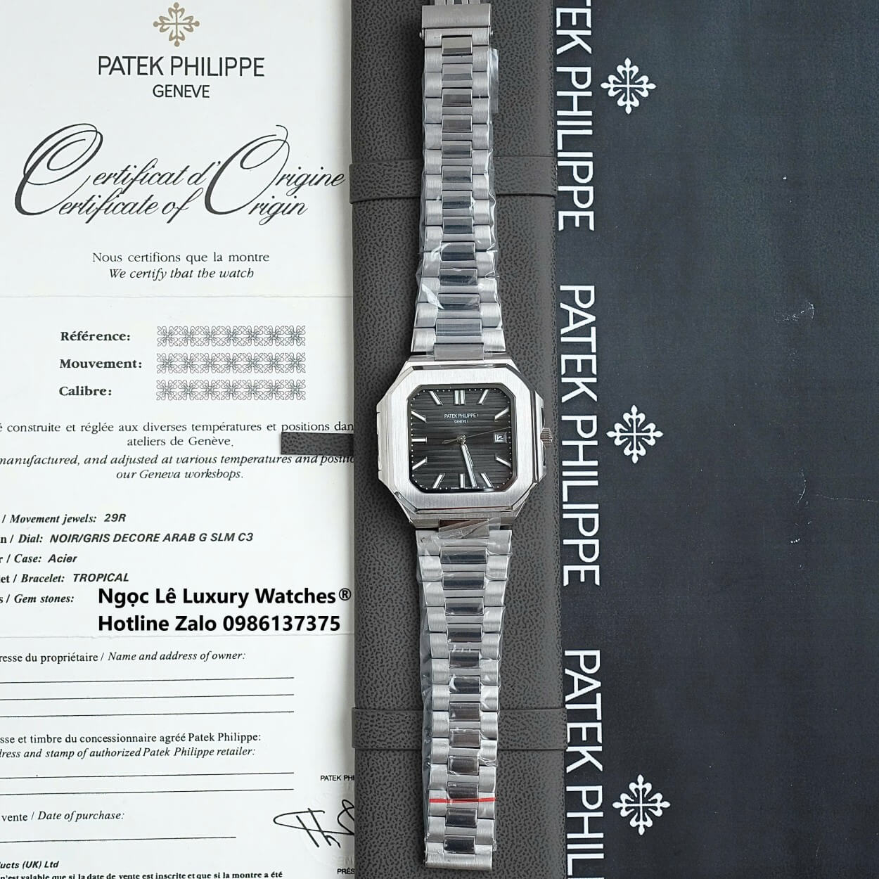 Đồng Hồ Nam Patek Philippe Cubitus Automatic Dây Thép Silver Mặt Đen Xám Size 40mm