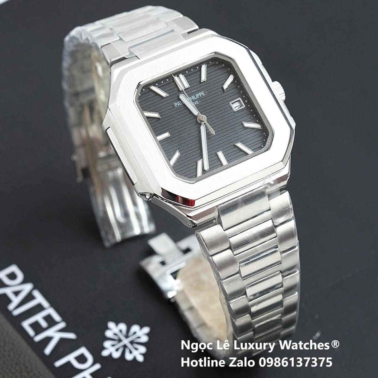 Đồng Hồ Nam Patek Philippe Cubitus Automatic Dây Thép Silver Mặt Đen Xám Size 40mm