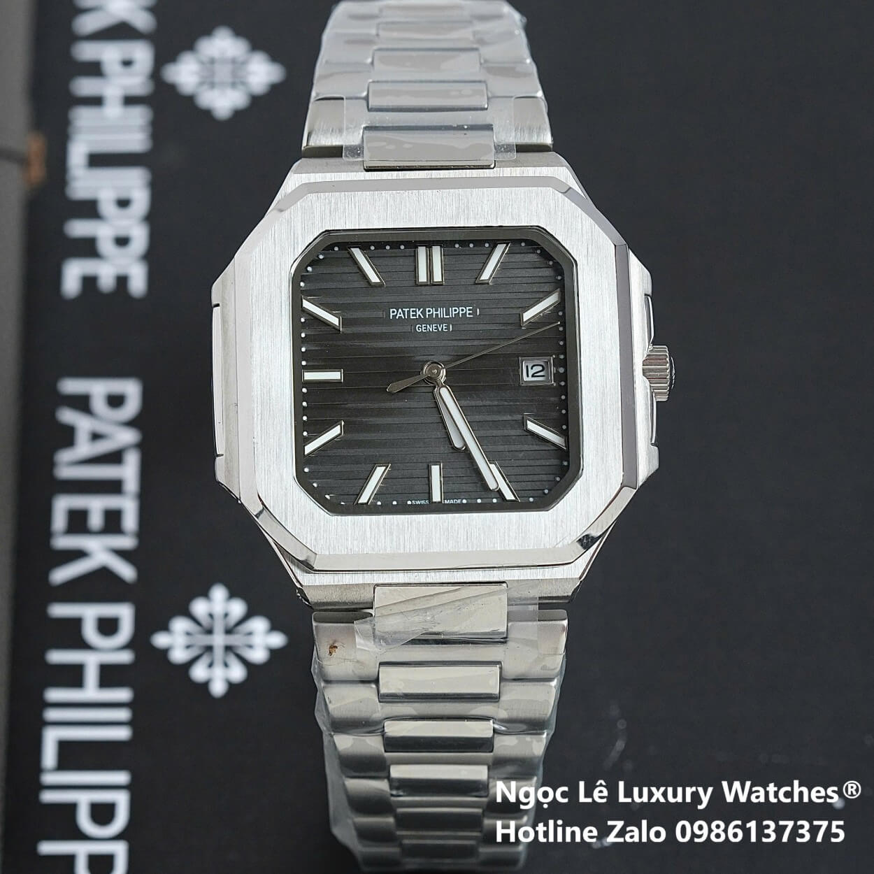 Đồng Hồ Nam Patek Philippe Cubitus Automatic Dây Thép Silver Mặt Đen Xám Size 40mm