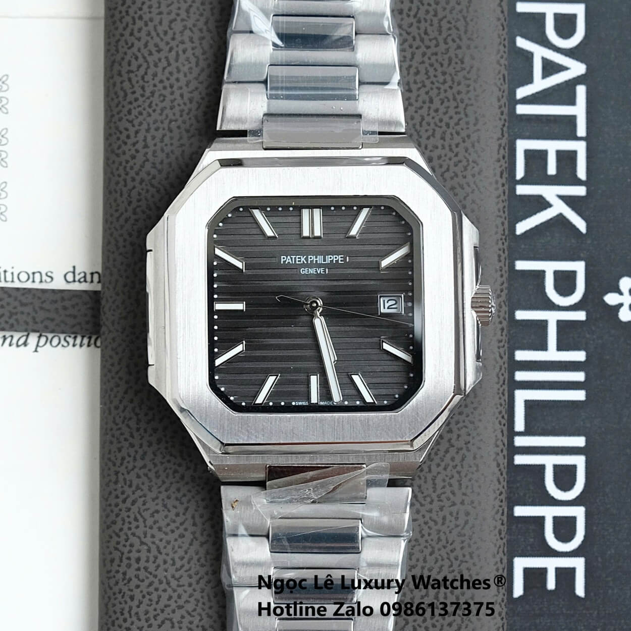 Đồng Hồ Nam Patek Philippe Cubitus Automatic Dây Thép Silver Mặt Đen Xám Size 40mm